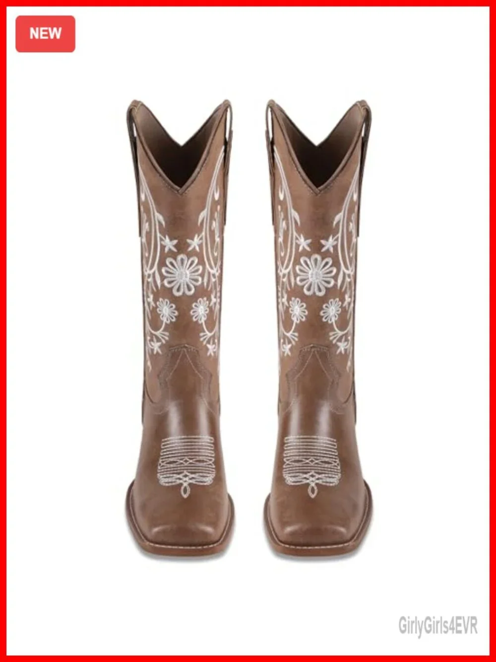 Women's Mid-Calf Cowboy Boots Square Toe Pull-On Low Chunky Heel PU Embroidery